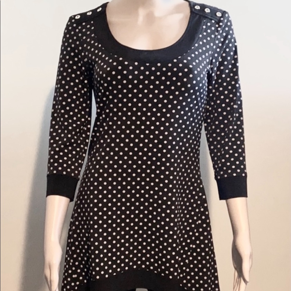 Boat neck polka dot tunic with 3/4 sleeves, retro inspired made in Canada